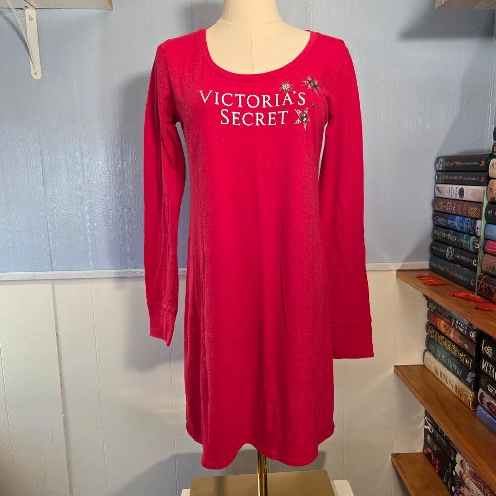 Victoria's Secret Small Vibrant Red Gem Logo Longsleeve Winter Holiday Nightgown